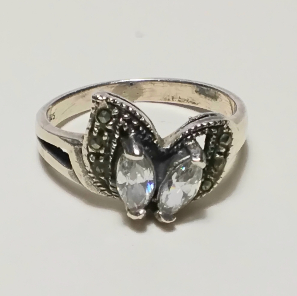Vintage 925 Silver Marcasite & CZ Ring Sz 5-3/4